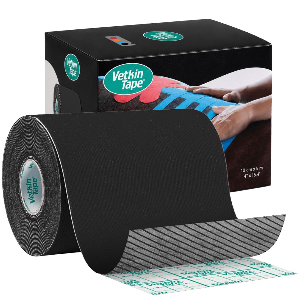 Schwarzes Kinesiotape-Rolle mit Verpackung. Größe 10 cm x 5 m.