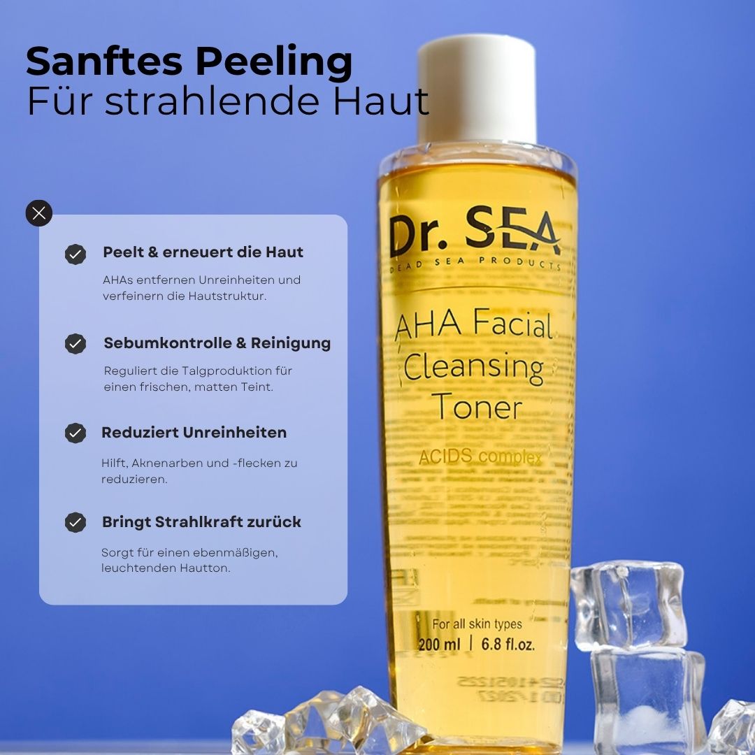 Dr. SEA AHA Facial Cleansing Toner. Flasche mit gelber Flüssigkeit. Text: AHA Facial Cleansing Toner. Eiswürfel im Hintergrund.