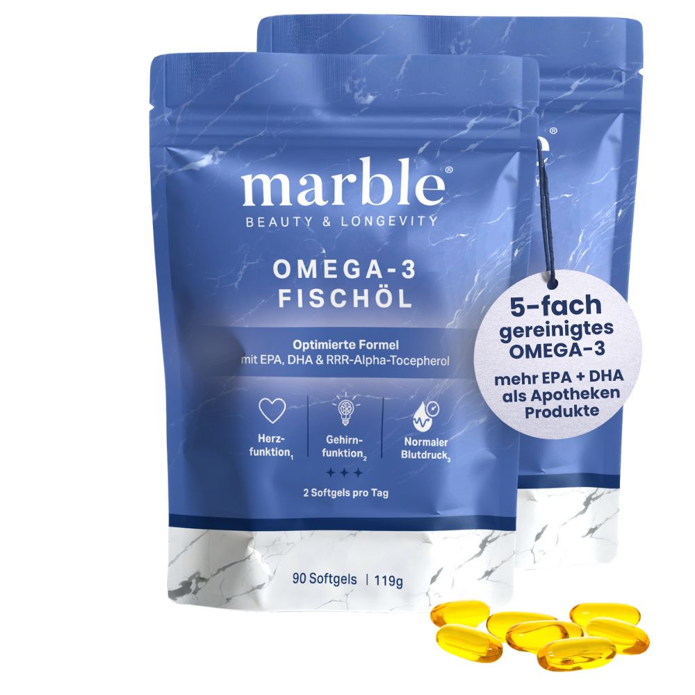 Zwei Beutel marble Omega-3 Fischöl. Text: 5-fach gereinigtes Omega-3, mehr EPA + DHA als Apotheken Produkte. 90 Softgels, 119g.