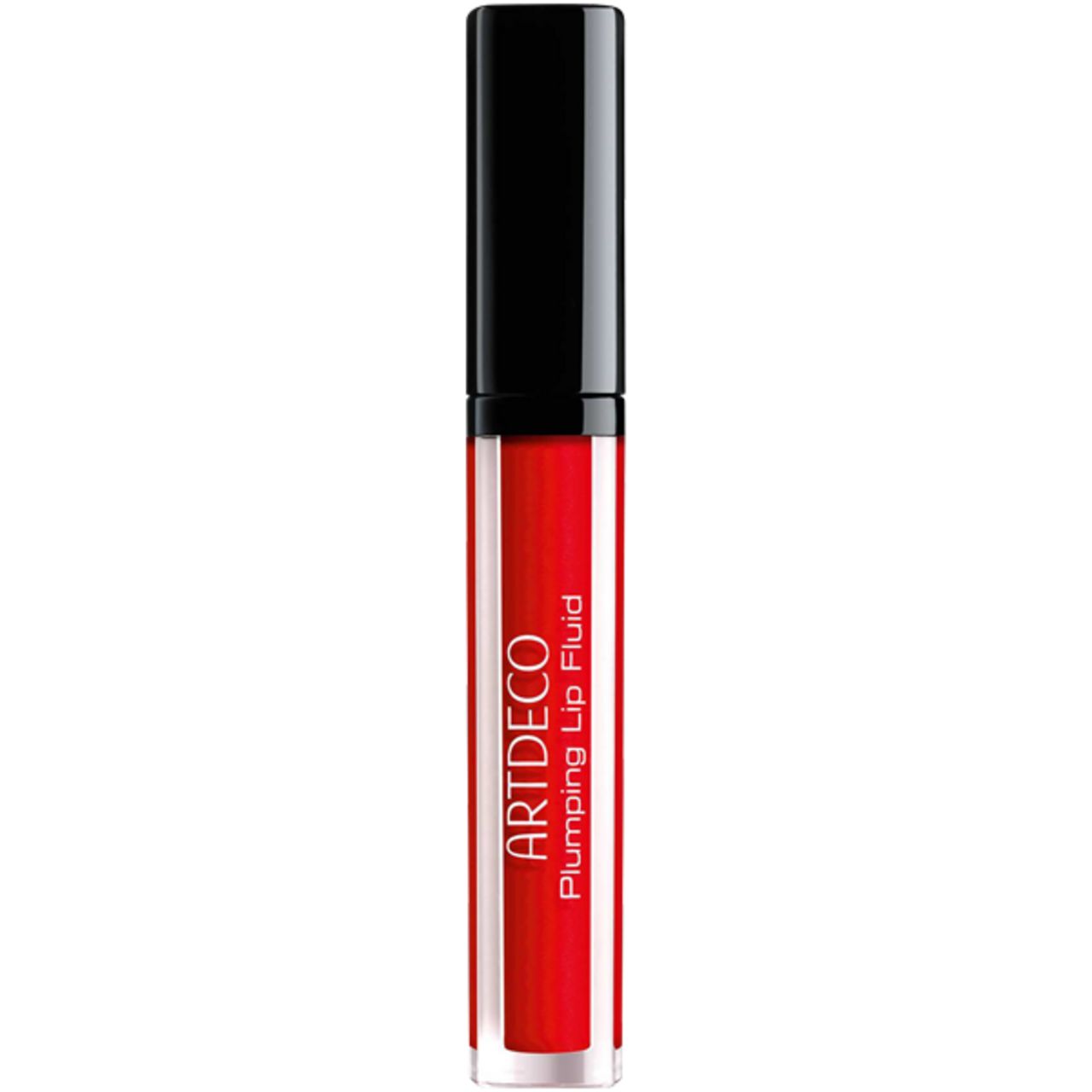 Artdeco Plumping Lip Fluid in roter Flasche. Schwarzer Deckel, transparente Flasche mit rotem Inhalt. Produktname.