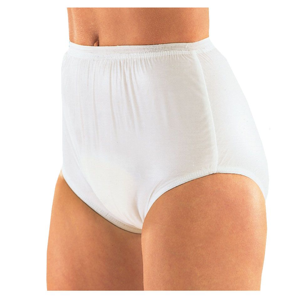 Weißer Inkontinenz-Slip mit Innenfutter. Seitliche Ansicht, getragen von einer Person. Elastischer Bund und Beinabschlüsse.