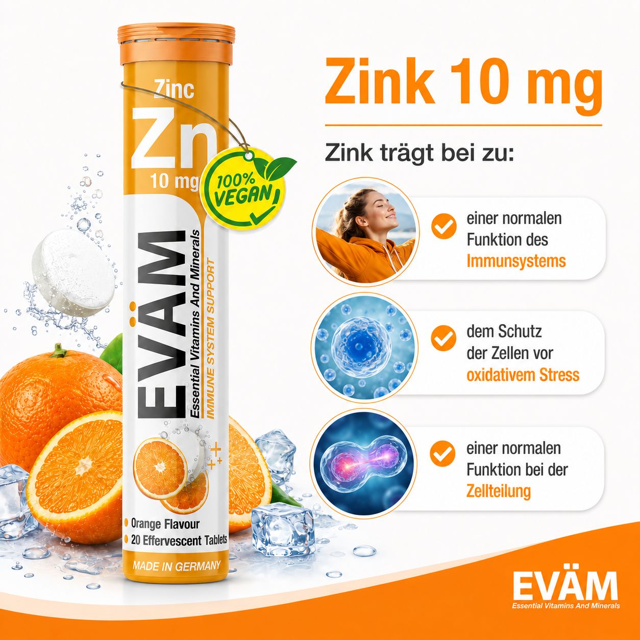 Zink-Tabletten-Verpackung. 100% Vegan-Logo, Orange, Eiswürfel, Vorteile, Logos, Made in Germany.