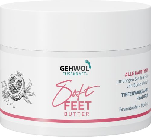 GEHWOL FUSSKRAFT Soft Feet Butter, Dose. Weiß, Schriftzug, Granatapfel-Illustration und Produktinformationen.