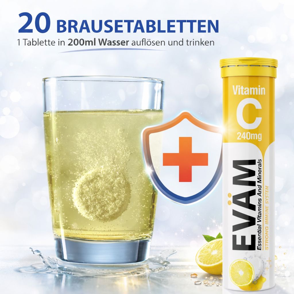 Glas mit gelbem Getränk und Brausetablette. Daneben Tube mit EVÄM Vitamin C. Aufschrift: 20 Brausetabletten.