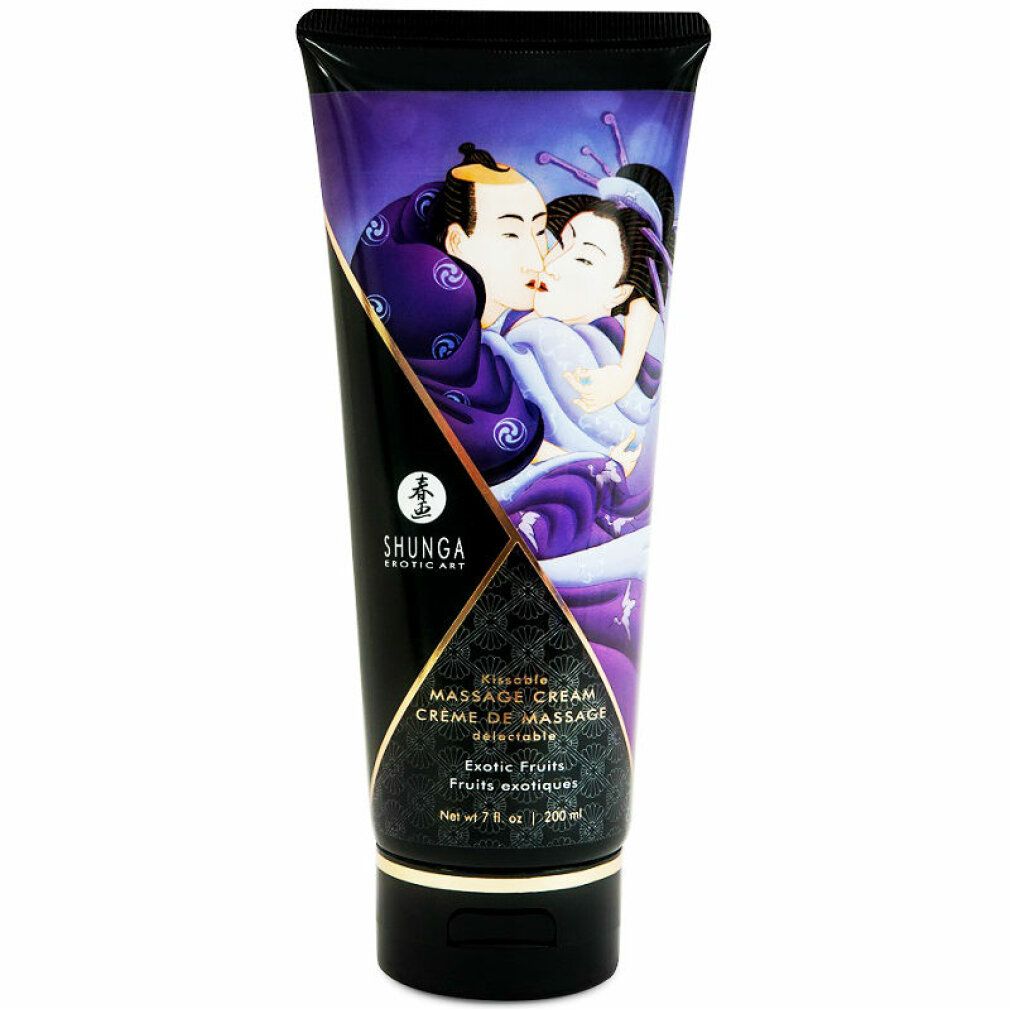 Tube Massagecreme, Shunga Exotic Art. Abbildung eines Paares. Aufschrift: Massage Cream, Exotic Fruits. Schwarzer Deckel, lila Tube.