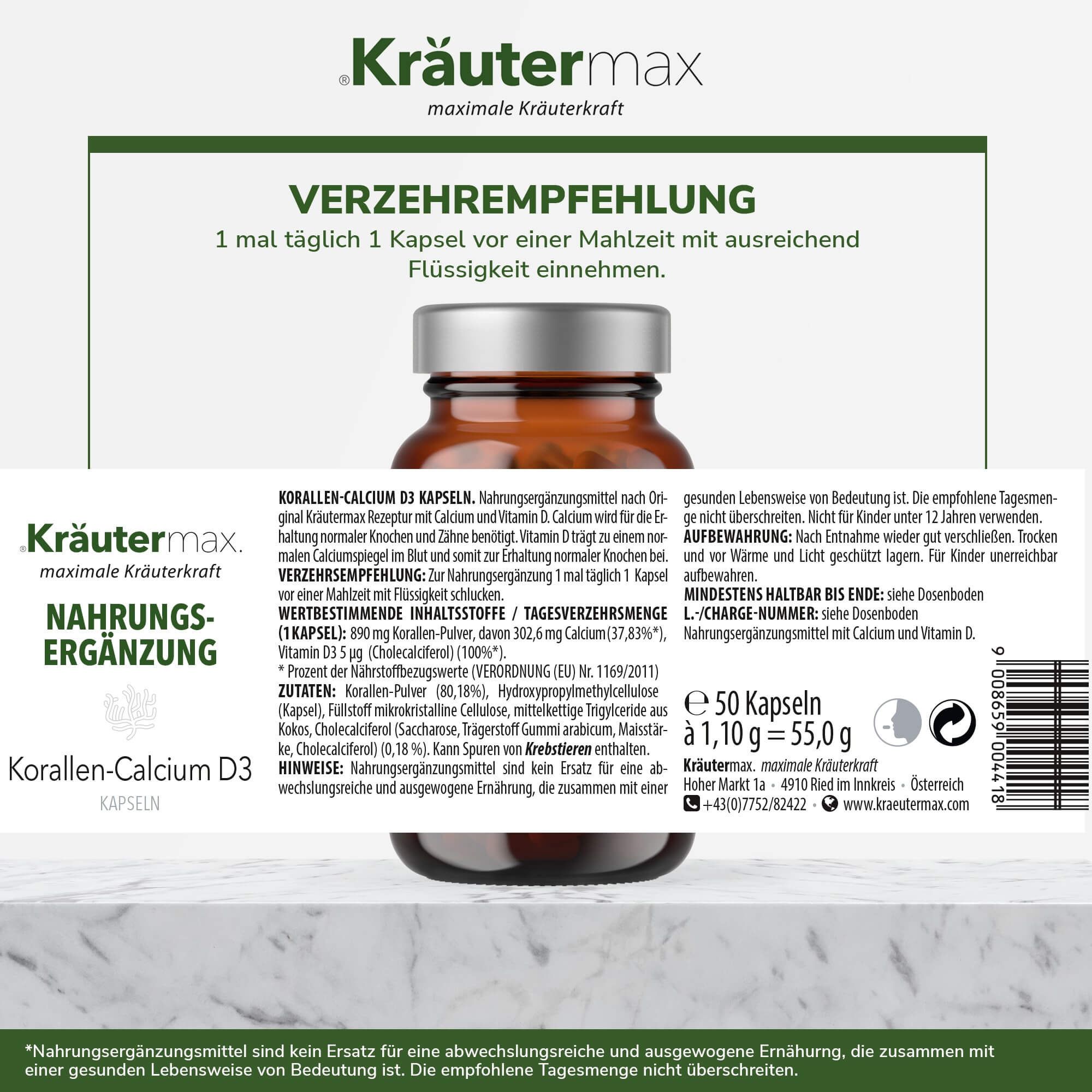 Produktverpackung mit Informationen. Enthält Text zur Verzehrempfehlung, Inhaltsstoffe und Nährwertangaben. Flasche im Hintergrund.
