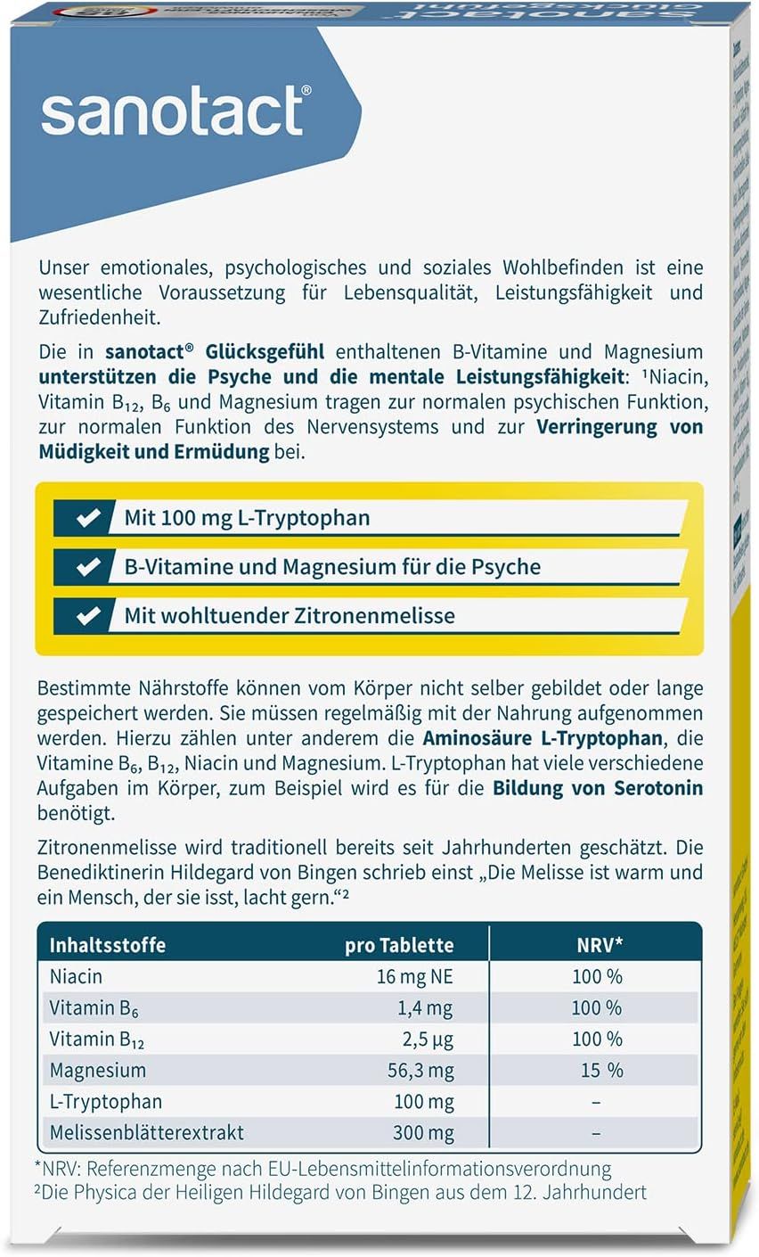 Verpackung von sanotact Glücksgefühl. Enthält B-Vitamine, Magnesium und L-Tryptophan. Text mit Inhaltsstoffen und Nährwertangaben.