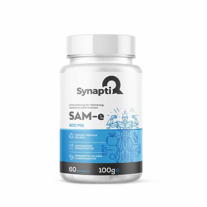 Weißes Plastikfläschchen mit blau-weißer Beschriftung. Enthält Kapseln. Aufschrift: SynaptiQ SAM-e 800 MG, 60 Kapseln, 100g.
