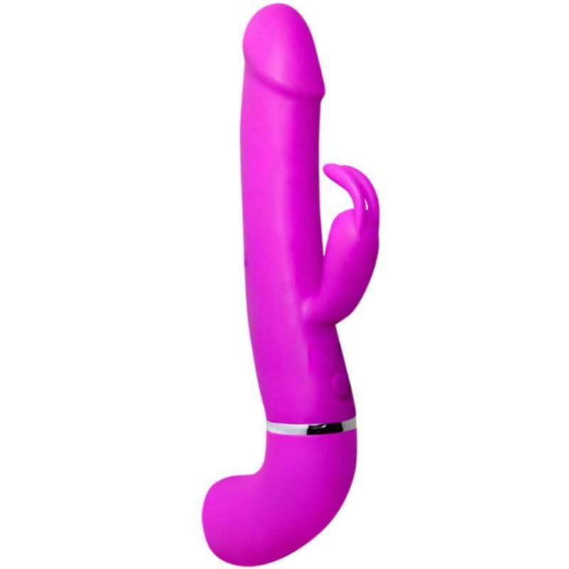 Lila Vibrator mit gebogener Form und Kaninchenohren-Design. Silberner Ring am unteren Ende.
