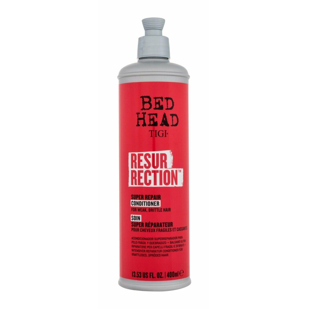 Rote Flasche mit grauem Pumpkopf. Aufschrift: Bed Head Tigi Resurrection Conditioner. Text in Englisch und Französisch.