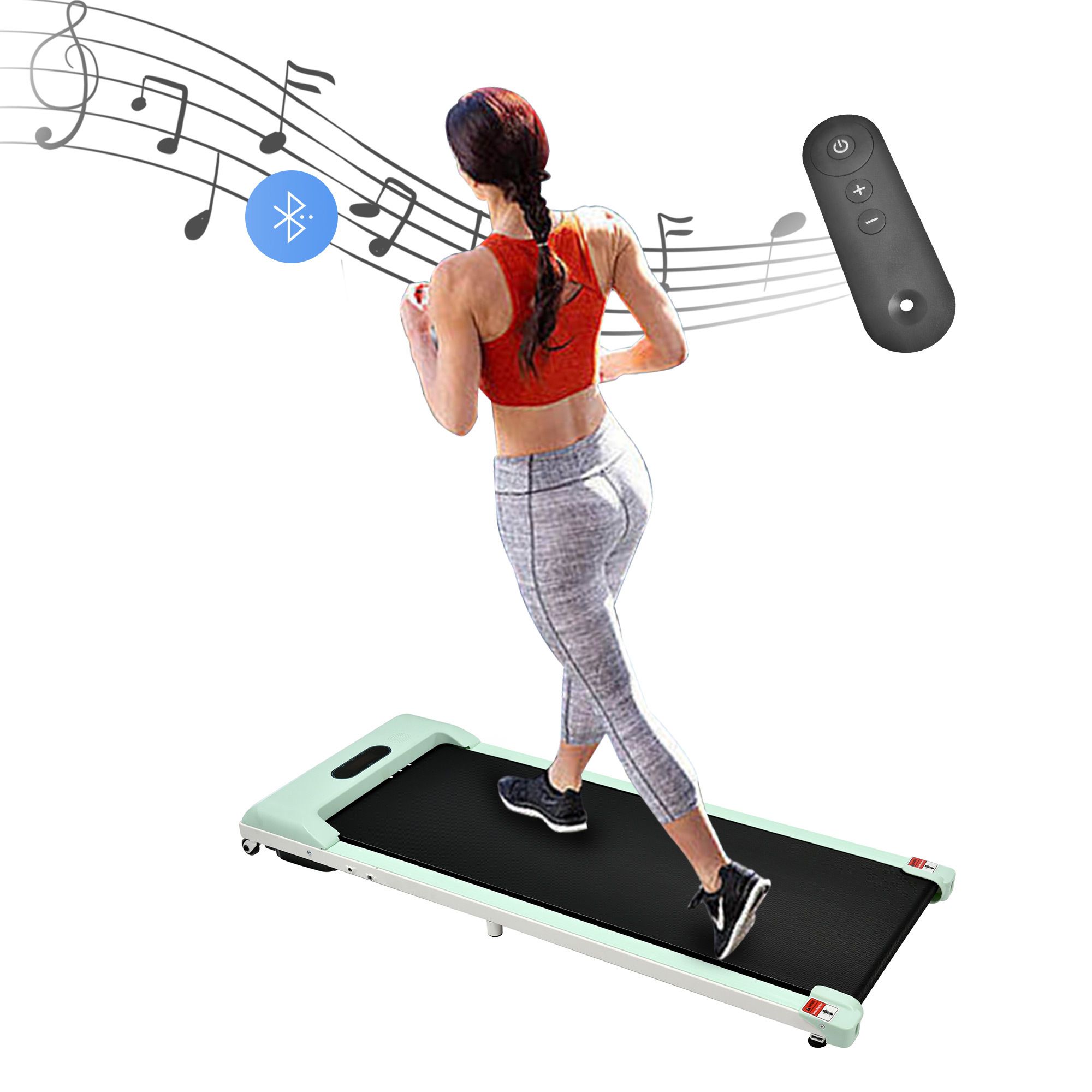 Kompaktes Laufband, Person läuft. Fernbedienung und Bluetooth-Symbol. Noten als grafisches Element.