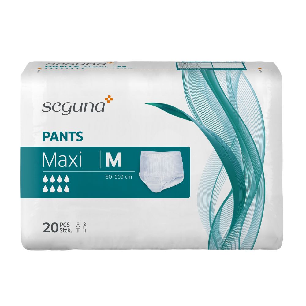 Verpackung SEGUNA Pants Maxi M. Produktname, Größe M, Saugstärke. 20 Stück.