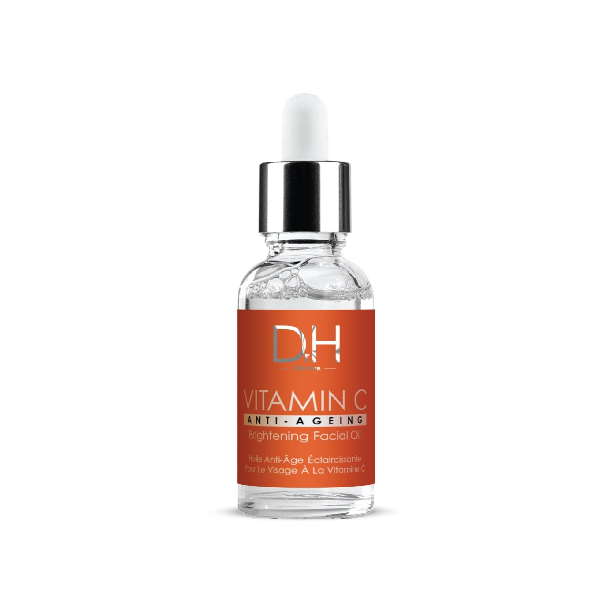 Glasflasche mit Pipette. Aufschrift: Vitamin C, Anti-Aging, Aufhellendes Gesichtsserum. DH-Logo.