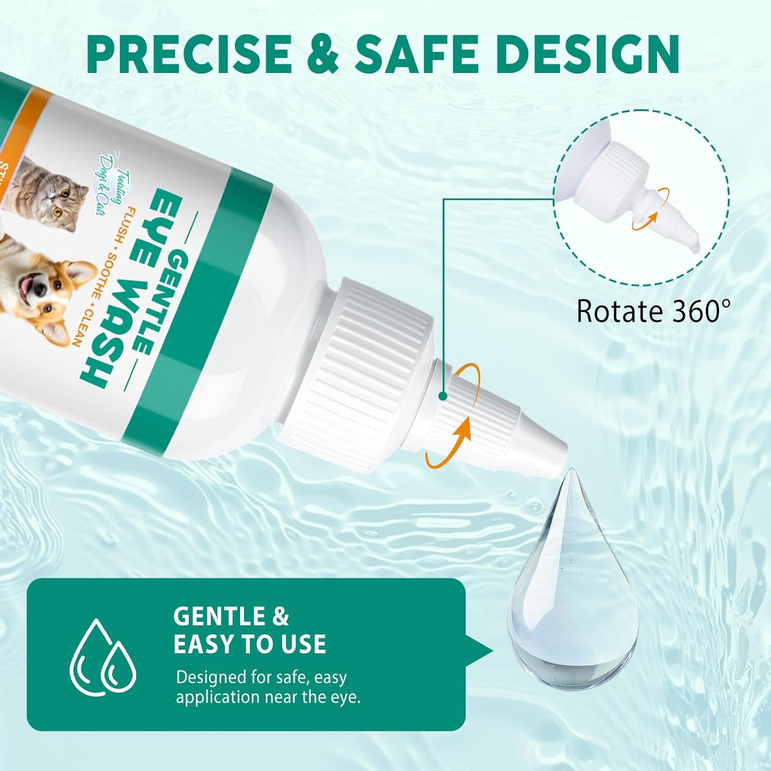 Augenwaschflasche mit drehbarem Applikator. Tropfen. Text: Gentle & Easy to Use. Präzises und sicheres Design.