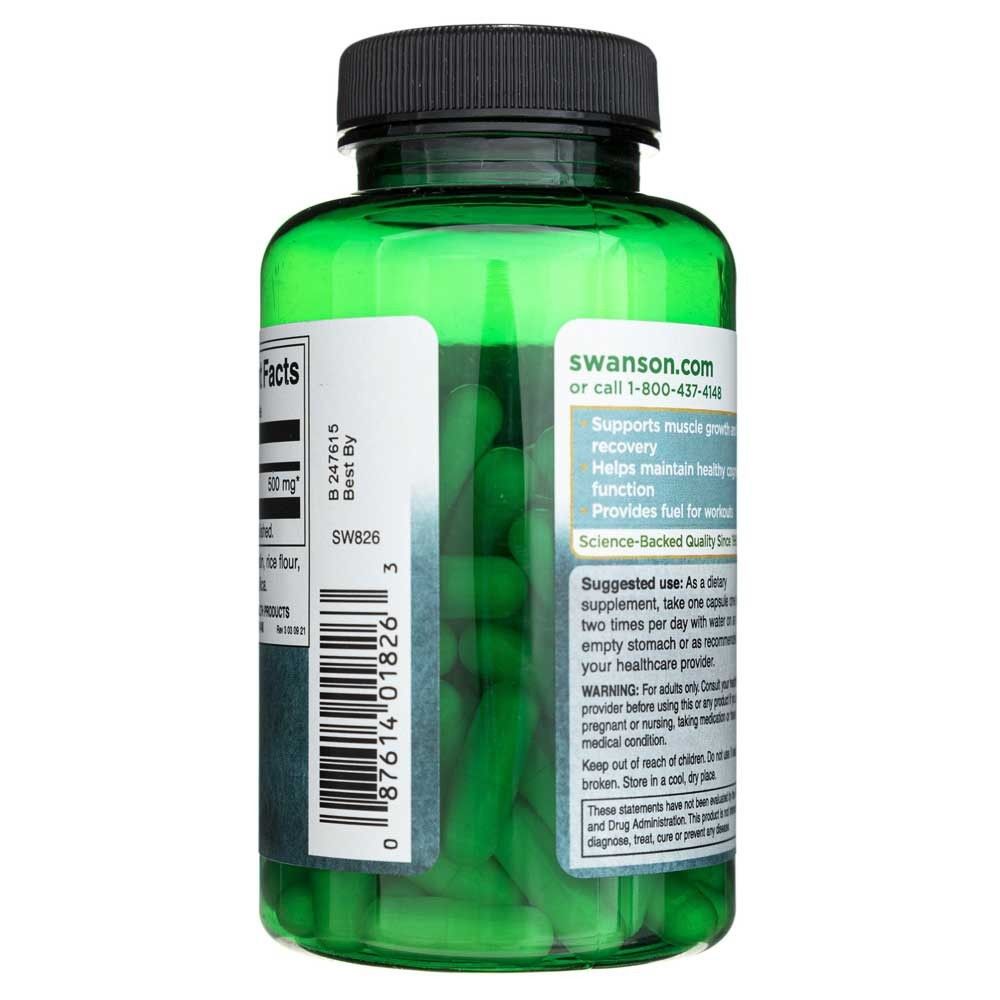 Seitenansicht einer grünen Flasche Swanson L-Glutamin 500 mg. Enthält Informationen zur Anwendung und Warnhinweise.
