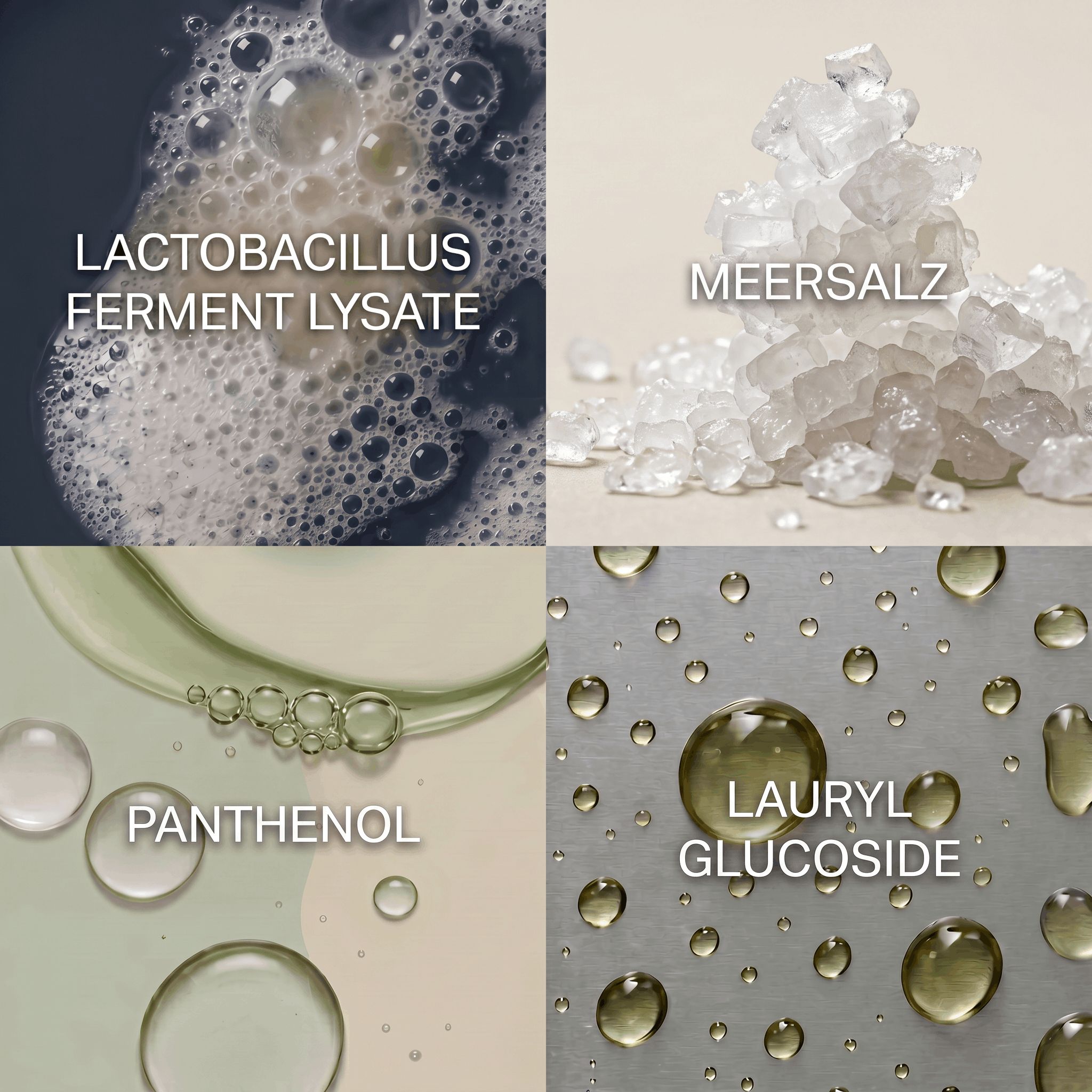 Vier Quadrate zeigen Inhaltsstoffe: Schaum, Meersalz, Panthenol und Flüssigkeit.