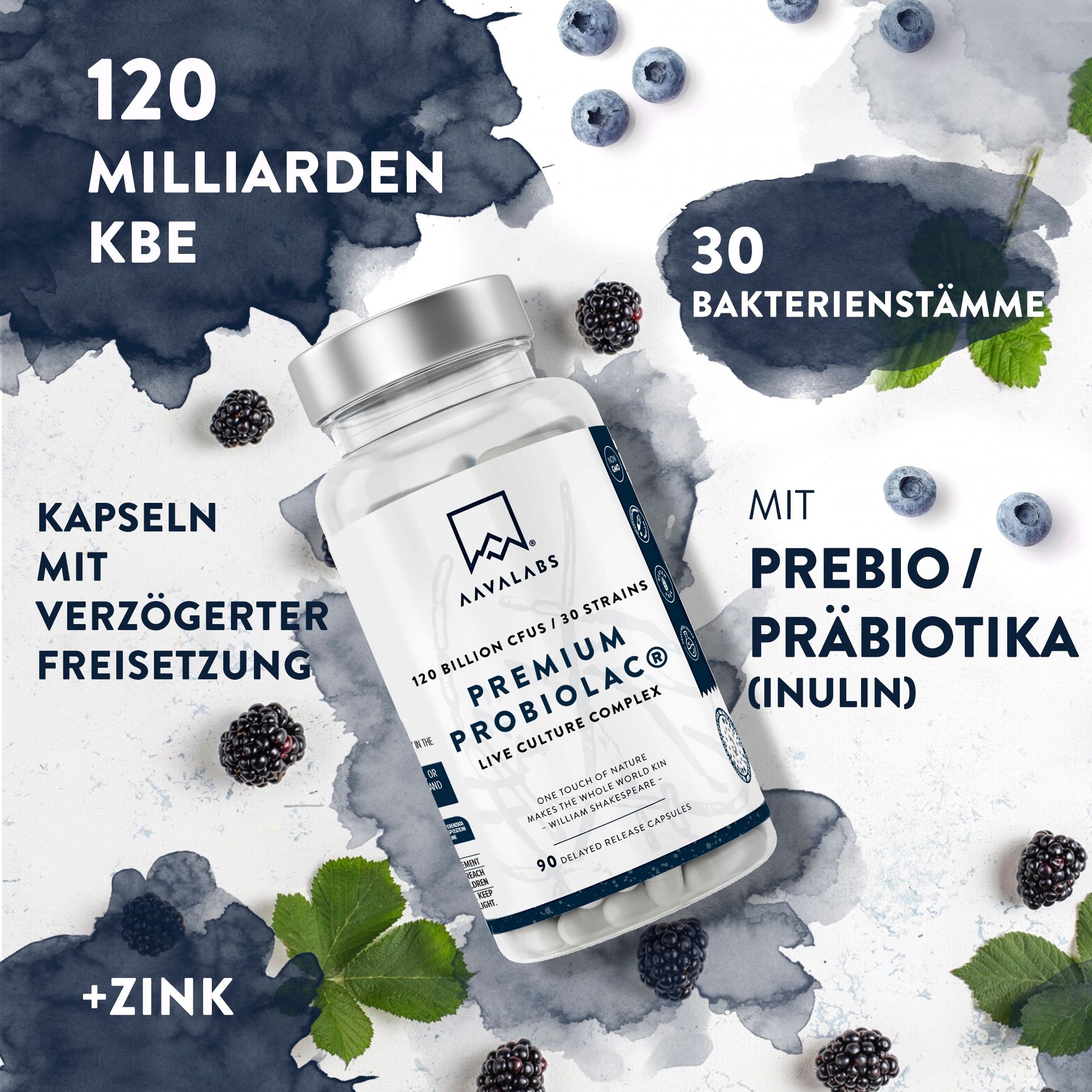 Aavalabs Probiolac: Flasche mit 120 Milliarden KBE, 30 Stämmen, Prebio/Präbiotika (Inulin) und Zink.