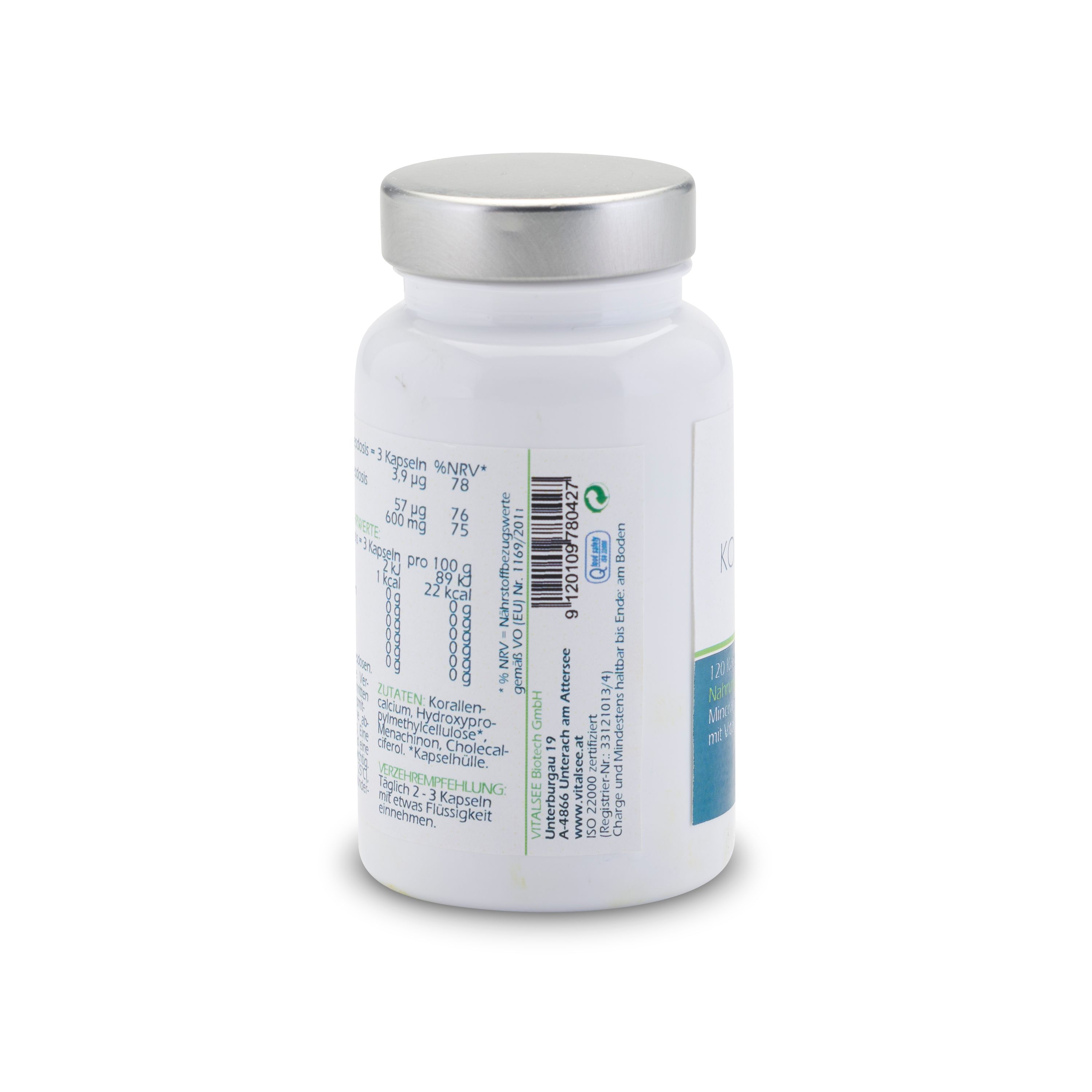 Rückseite der weißen Flasche. Enthält Informationen zu Nährwerten und Inhaltsstoffen.