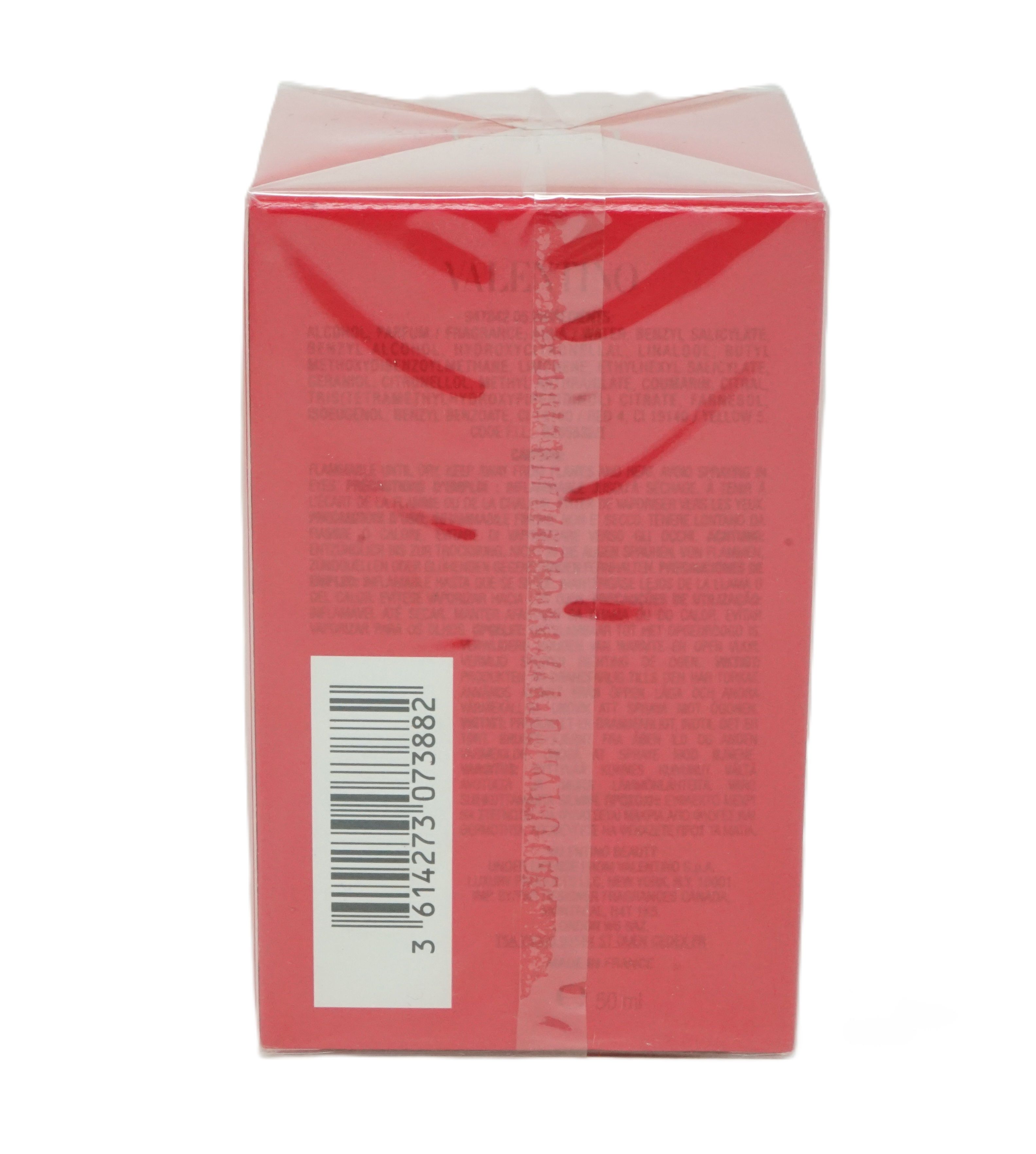 Rote rechteckige Verpackung, Barcode und Text. Klar verpackt. Valentino Voce Viva Eau de Parfum.