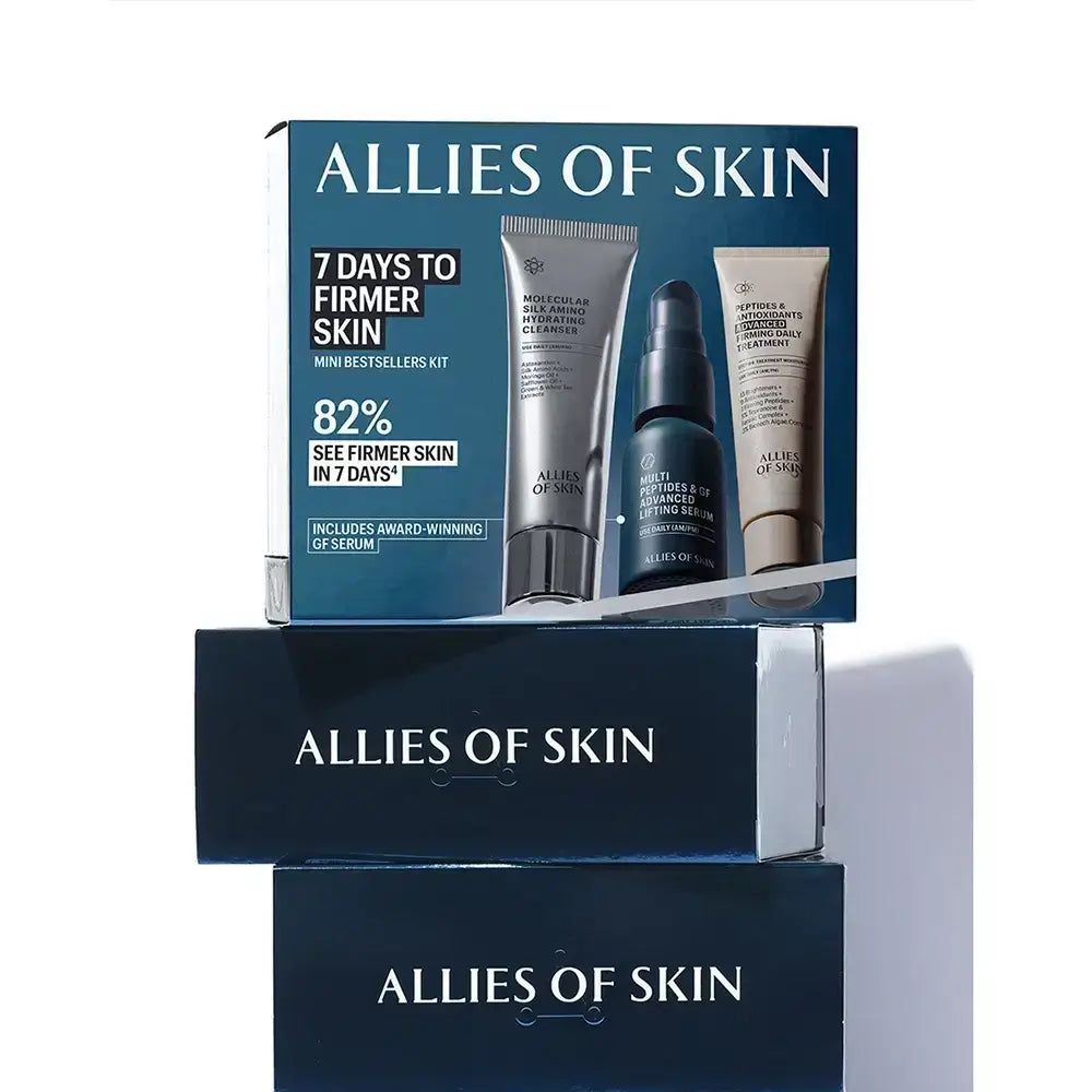 ALLIES OF SKIN Kit in Verpackung. Enthält Reiniger, Serum und Behandlung. Text: 7 Tage straffere Haut, Mini Bestseller Kit.