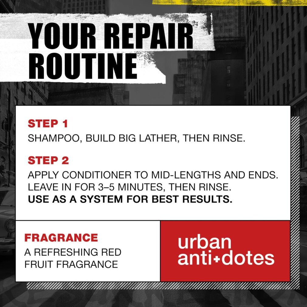 Zwei rote Flaschen mit weißem Deckel. Aufschrift: BED HEAD TIGI. Text: urban anti+dotes. Schritt-für-Schritt-Anleitung.