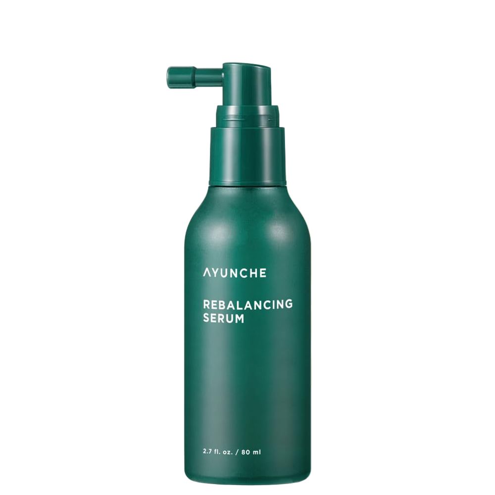 Dunkelgrüne Flasche mit Pumpspender und Applikator für AYUNCHE Rebalancing Serum.