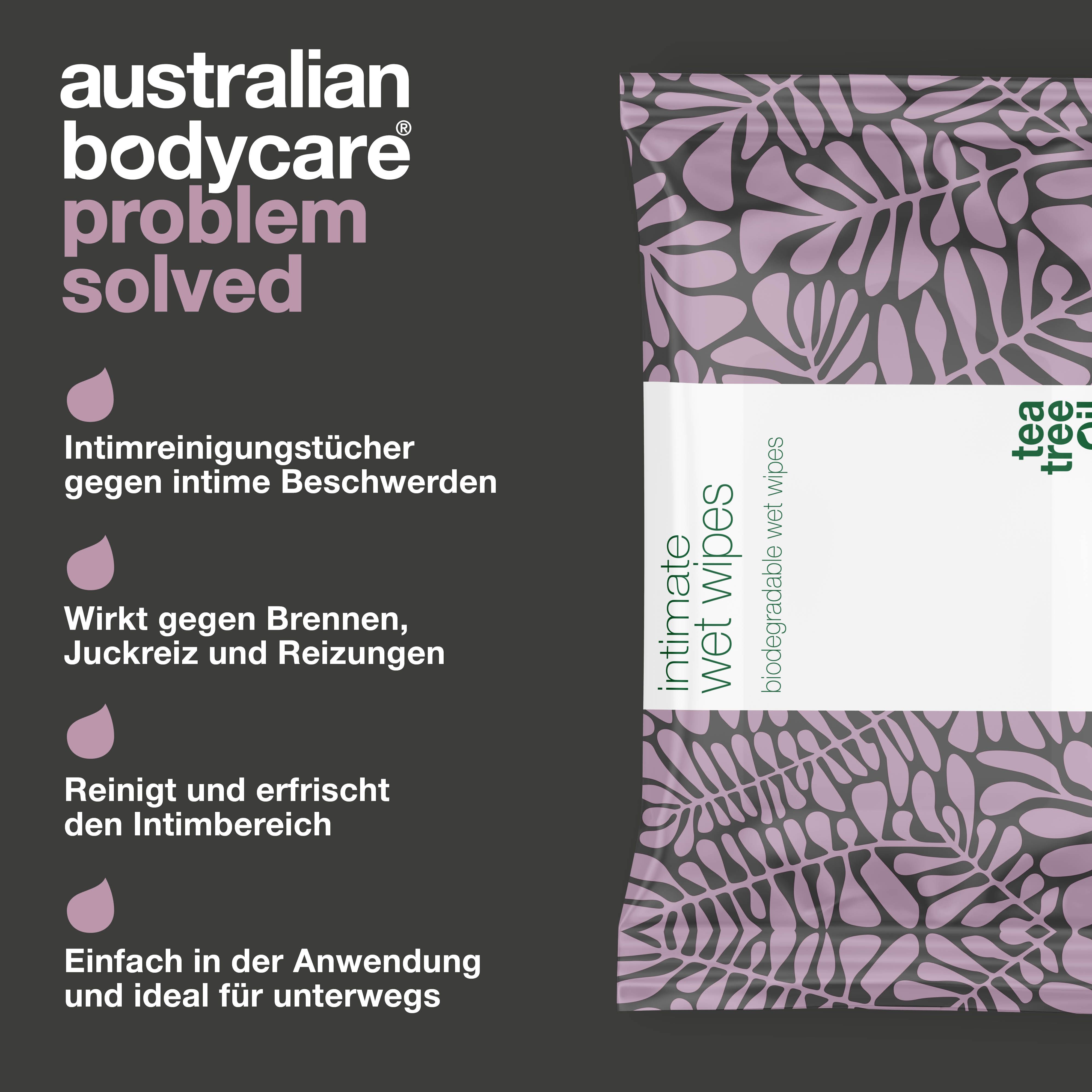Verpackung Intim-Feuchttücher. Text: Intimreinigungstücher gegen intime Beschwerden. Wirkt gegen Brennen, Juckreiz.
