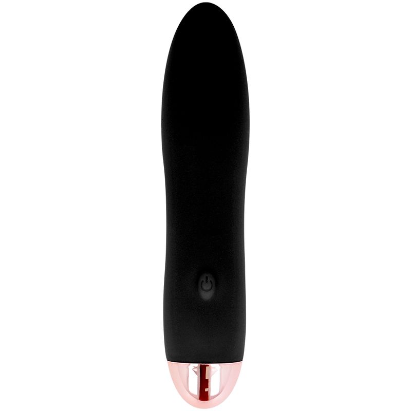 Schwarzer Silikon-Vibrator mit roségoldenem Akzent und Power-Knopf.