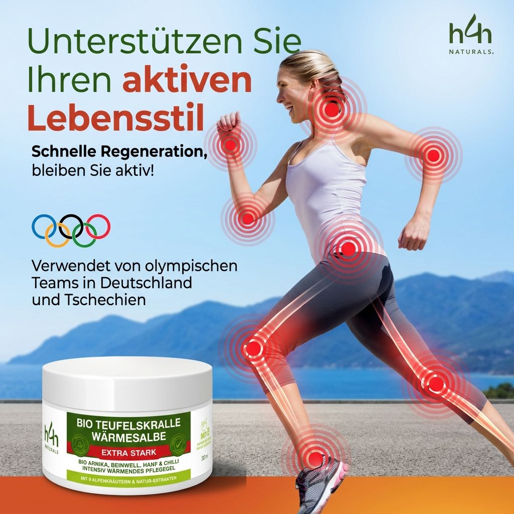 Weißes Tiegel mit grünem Etikett. Text: BIO TEUFELSKRALLE WÄRMESALBE EXTRA STARK. Aufschrift: H4H Naturals. Frau beim Joggen, rote Markierungen.