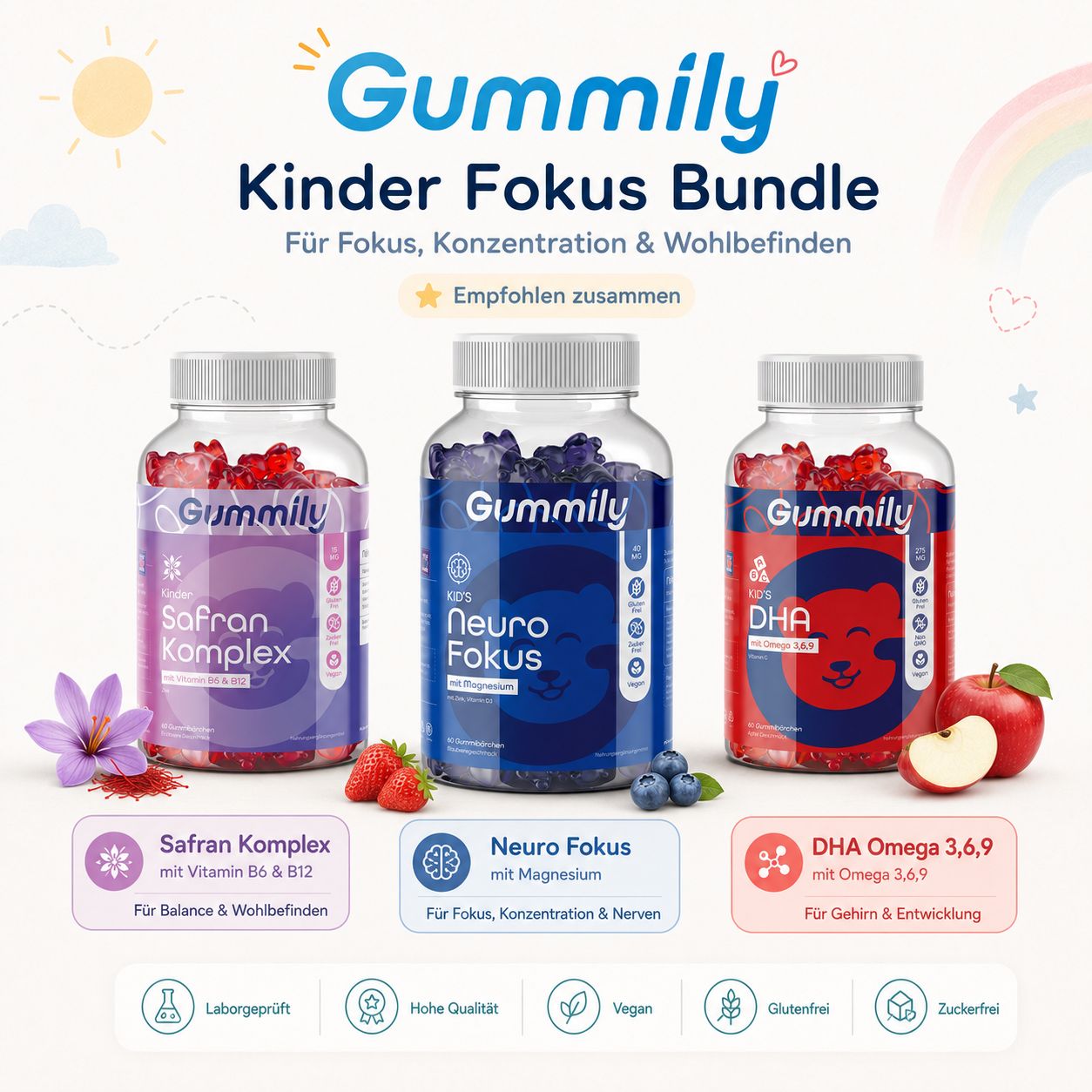 Gummily Kinder Fokus Bundle: Safran Komplex, Neuro Fokus und DHA, für Konzentration und Wohlbefinden.