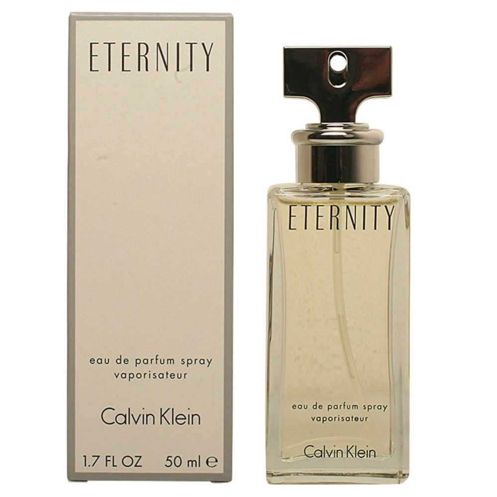 Eckige Parfumflasche mit silbernem Verschluss und Karton. Aufschrift: Eternity, Calvin Klein.