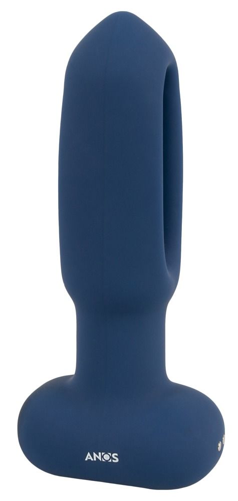 Seitenansicht des blauen Analplugs mit Flicking-Tongue-Funktion und Markenlogo.