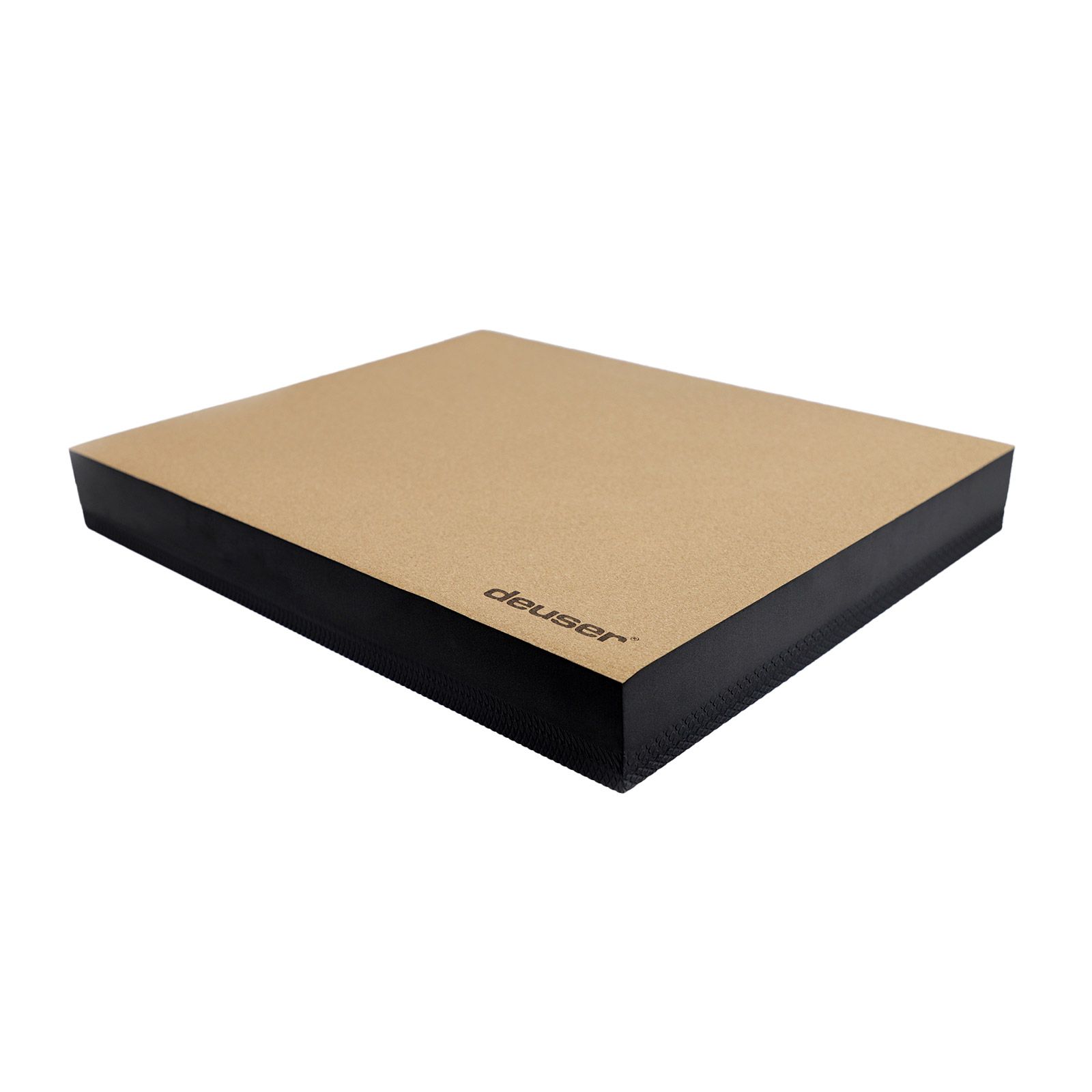 Rechteckige Balance-Pad aus Kork mit schwarzem Rand. Deuser-Logo unten rechts.
