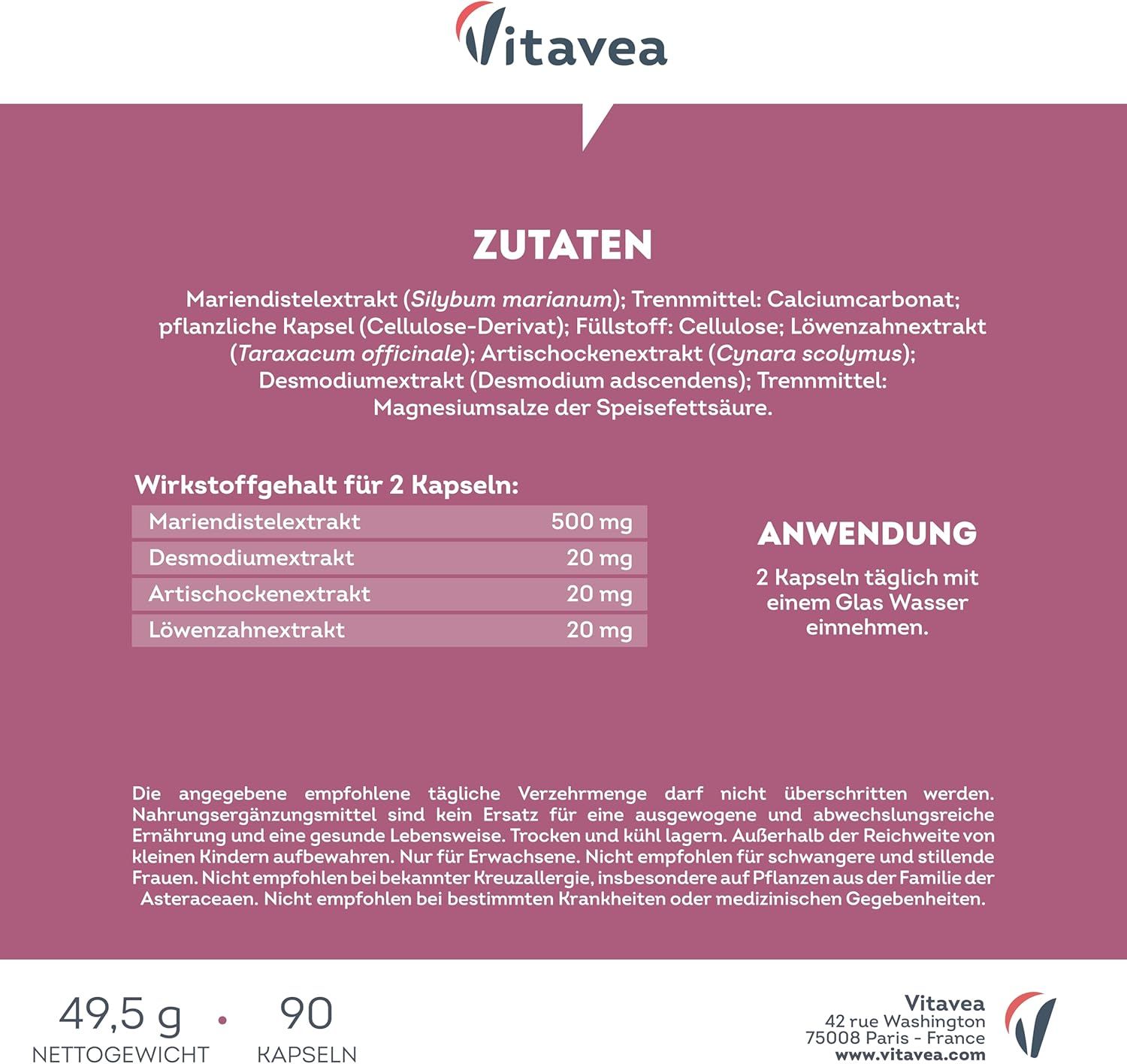 Zutatenliste und Anwendungshinweise. Mariendistel, Desmodium, Artischocke, Löwenzahn. 2 Kapseln täglich mit Wasser. Logo Vitavea.