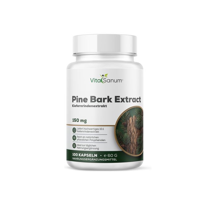 VitaSanum Kiefernrindenextrakt Kapseln, 150 mg. Weißer Behälter mit Etikett, das Pinus massoniana zeigt.