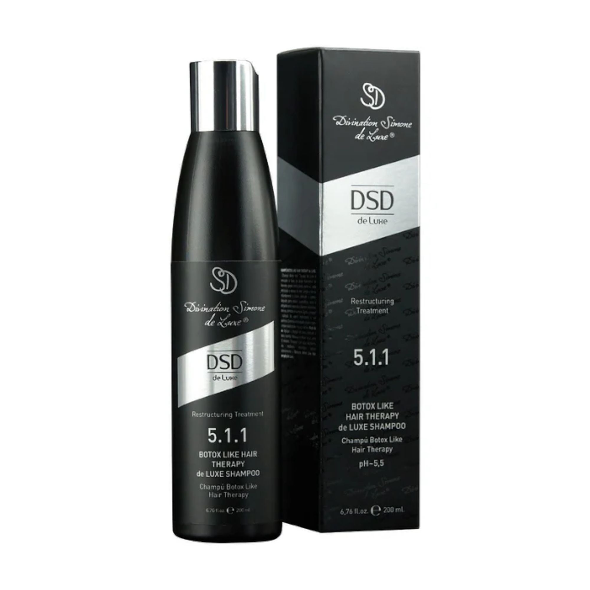 Schwarze Shampoo-Flasche und Schachtel. Silberne Akzente. Text: DSD de Luxe 5.1.1 Botox Like Hair Therapy Shampoo.