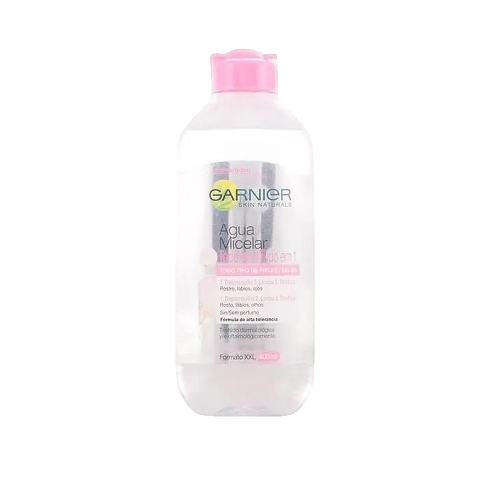 Transparente Flasche mit rosa Deckel. Aufschrift Garnier Skin Naturals, Agua Micelar. Produktbezeichnung und Inhaltsstoffe.