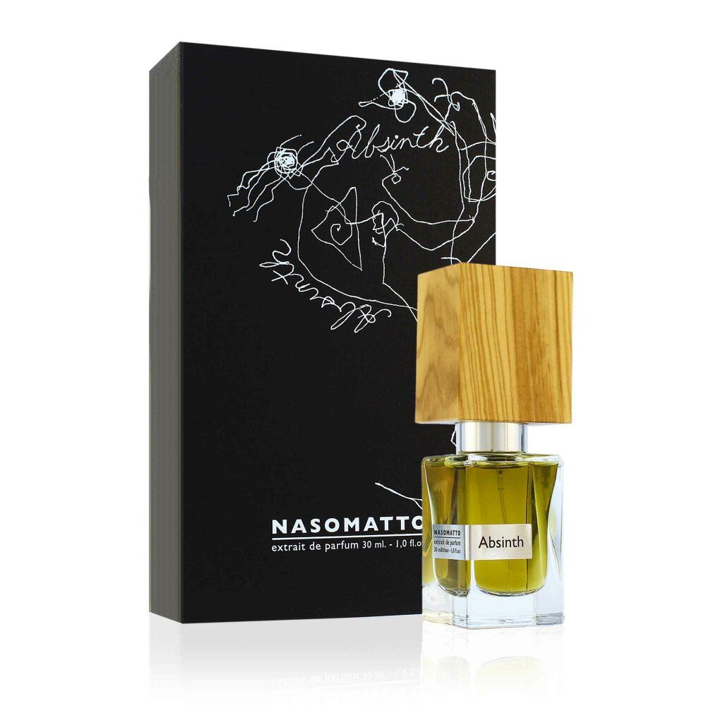 Absinth-Parfümflakon mit Holzdeckel und schwarzer Schachtel. Auf der Schachtel steht NASOMATTO und Absinth.