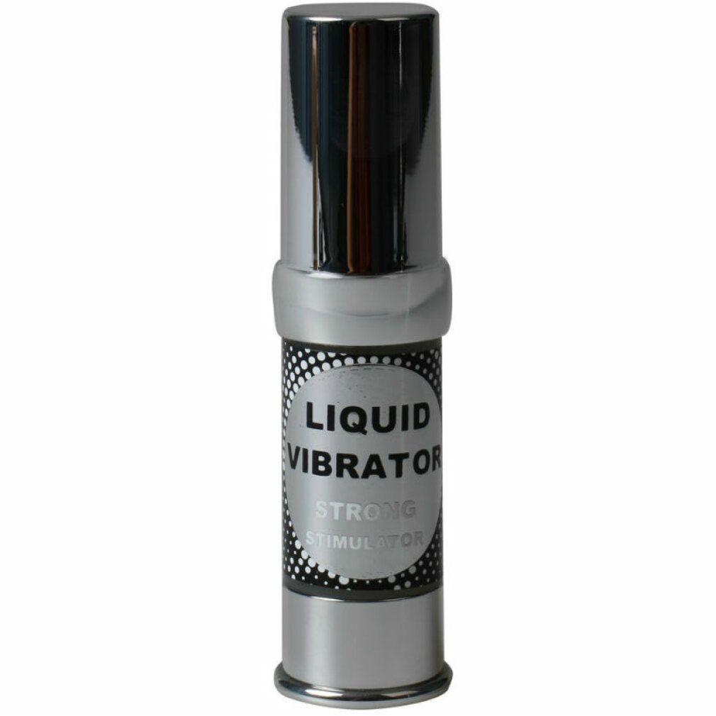 Silberfarbener Behälter mit Aufschrift "LIQUID VIBRATOR STRONG STIMULATOR".