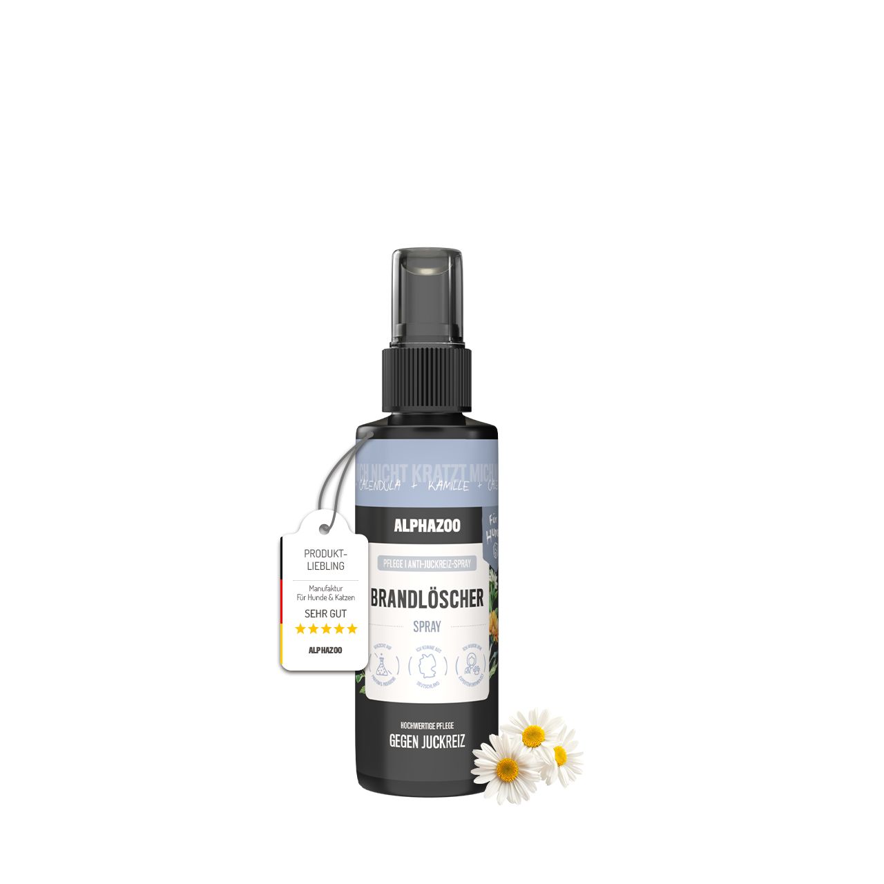 Schwarze Sprühflasche mit Etikett und Produktanhänger. Kamillenblüten liegen daneben. Text: ALPHA ZOO Brandlöscher Spray.