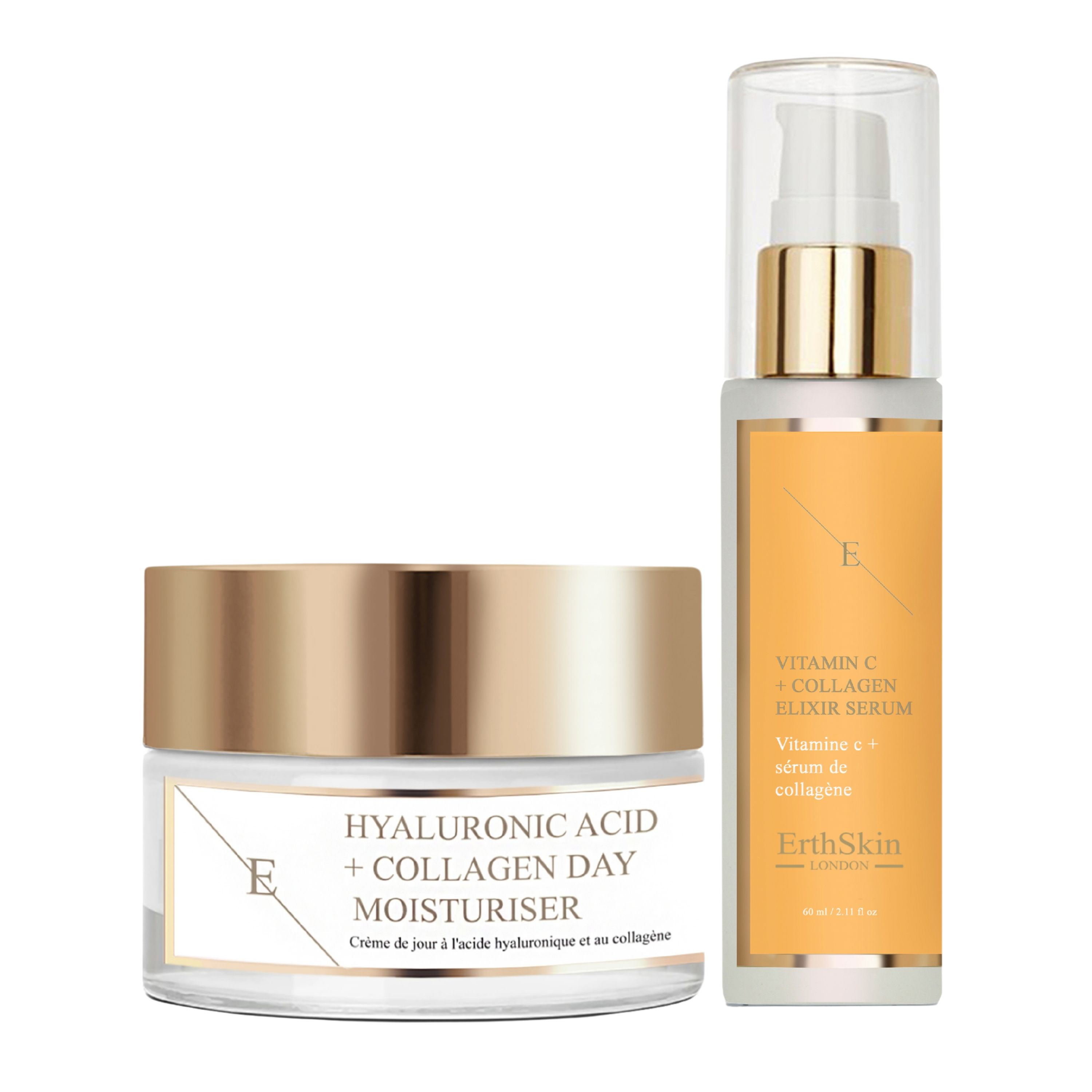 Zwei Kosmetikprodukte: eine Creme und ein Serum. Die Creme hat einen goldenen Deckel und die Aufschrift "HYALURONIC ACID + COLLAGEN DAY MOISTURISER". Das Serum hat einen Spender.