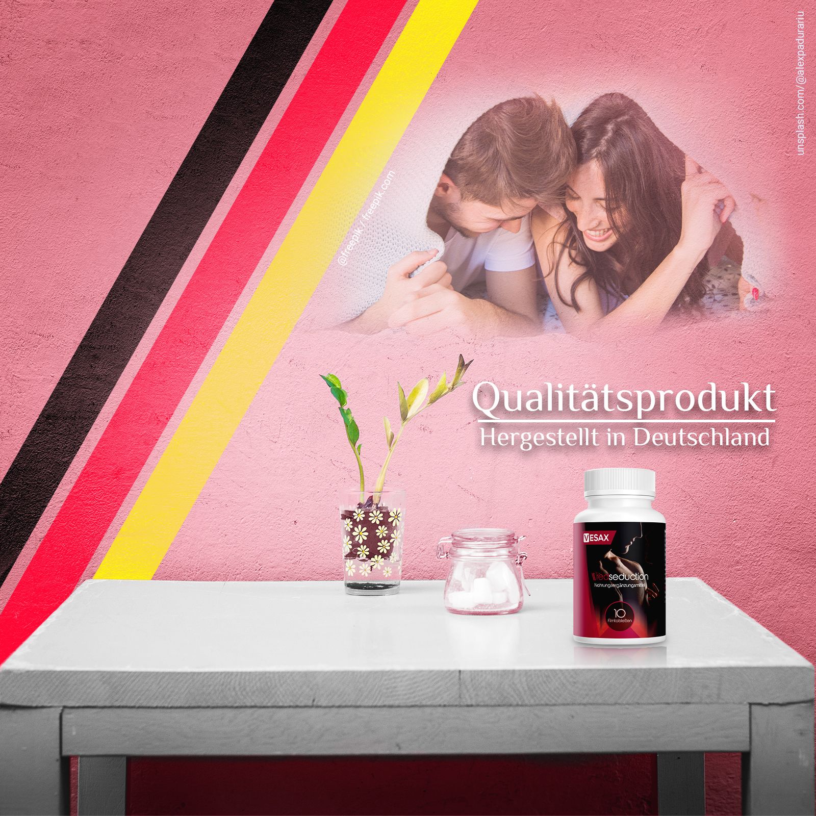 Weiße Flasche mit rotem Etikett. Aufschrift: Vesax, Red Seduction, Nahrungsergänzungsmittel. Text: Qualitätsprodukt, Hergestellt in Deutschland. Hintergrund.