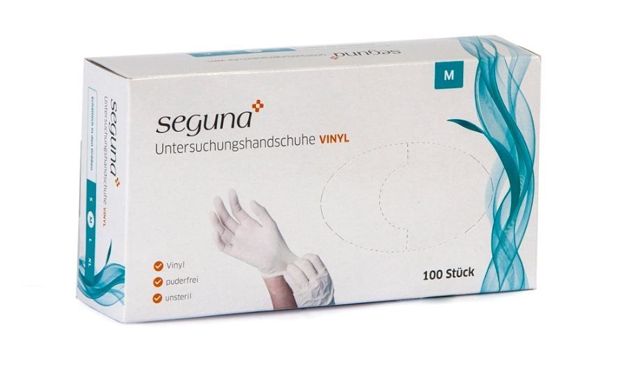 Weiße Box mit SEGUNA Vinyl-Handschuhen. Aufdruck: Untersuchungshandschuhe VINYL, Größe M, 100 Stück. Vinyl, puderfrei, unsteril.