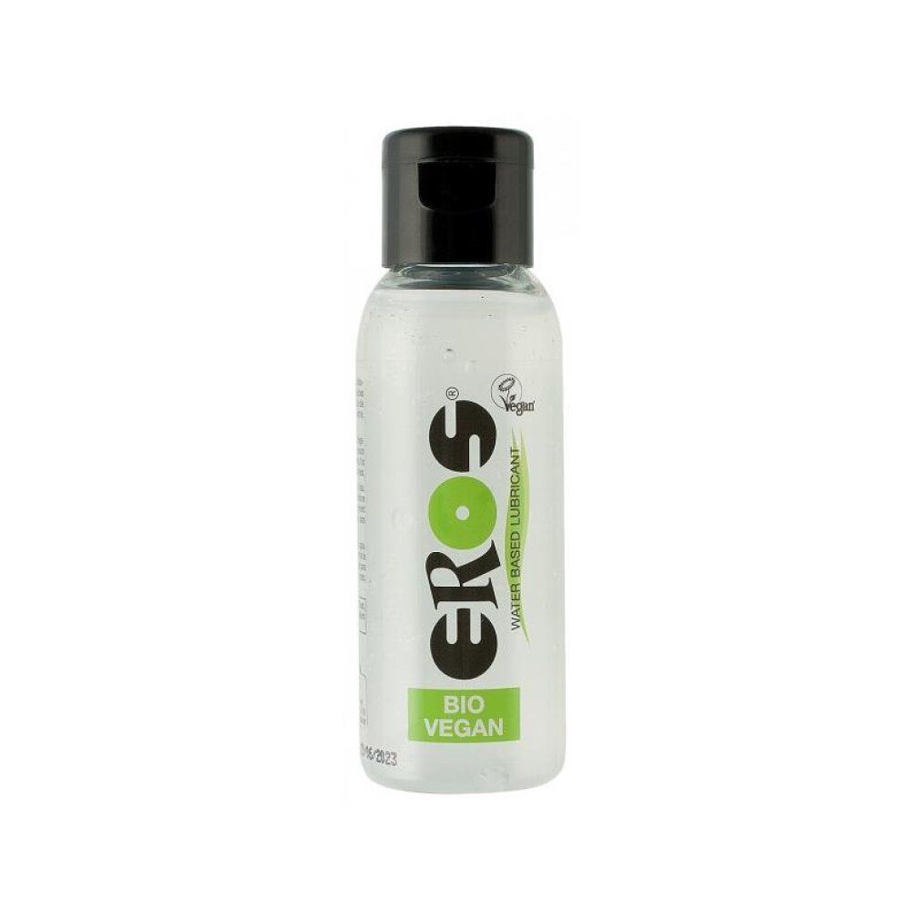 Eros Bio & Vegan Gleitmittel auf Wasserbasis in transparenter Flasche mit schwarzem Deckel.