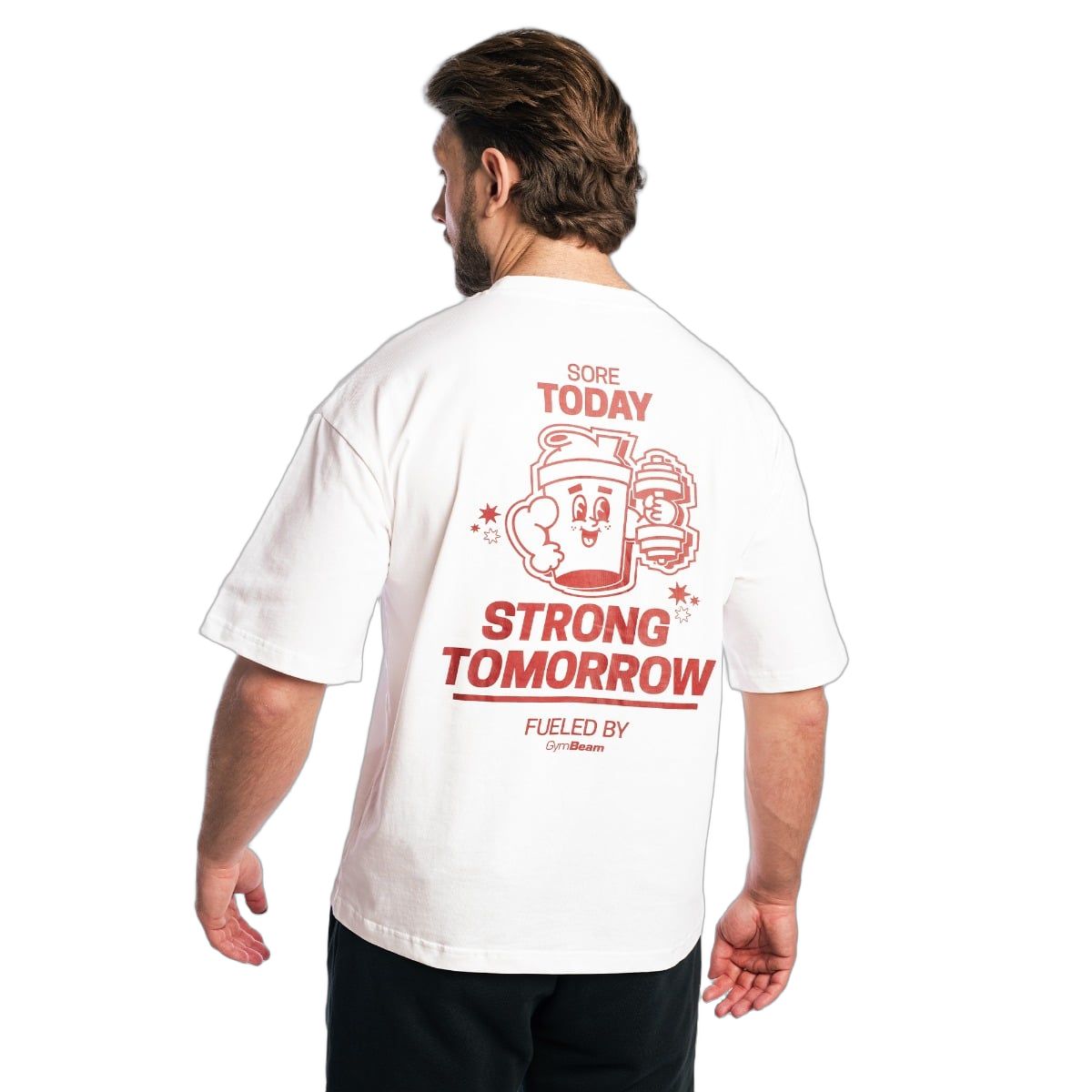 Herren Boxy-Oversized T-Shirt in Weiß, Rückansicht, mit rotem Print und Text auf dem Rücken.