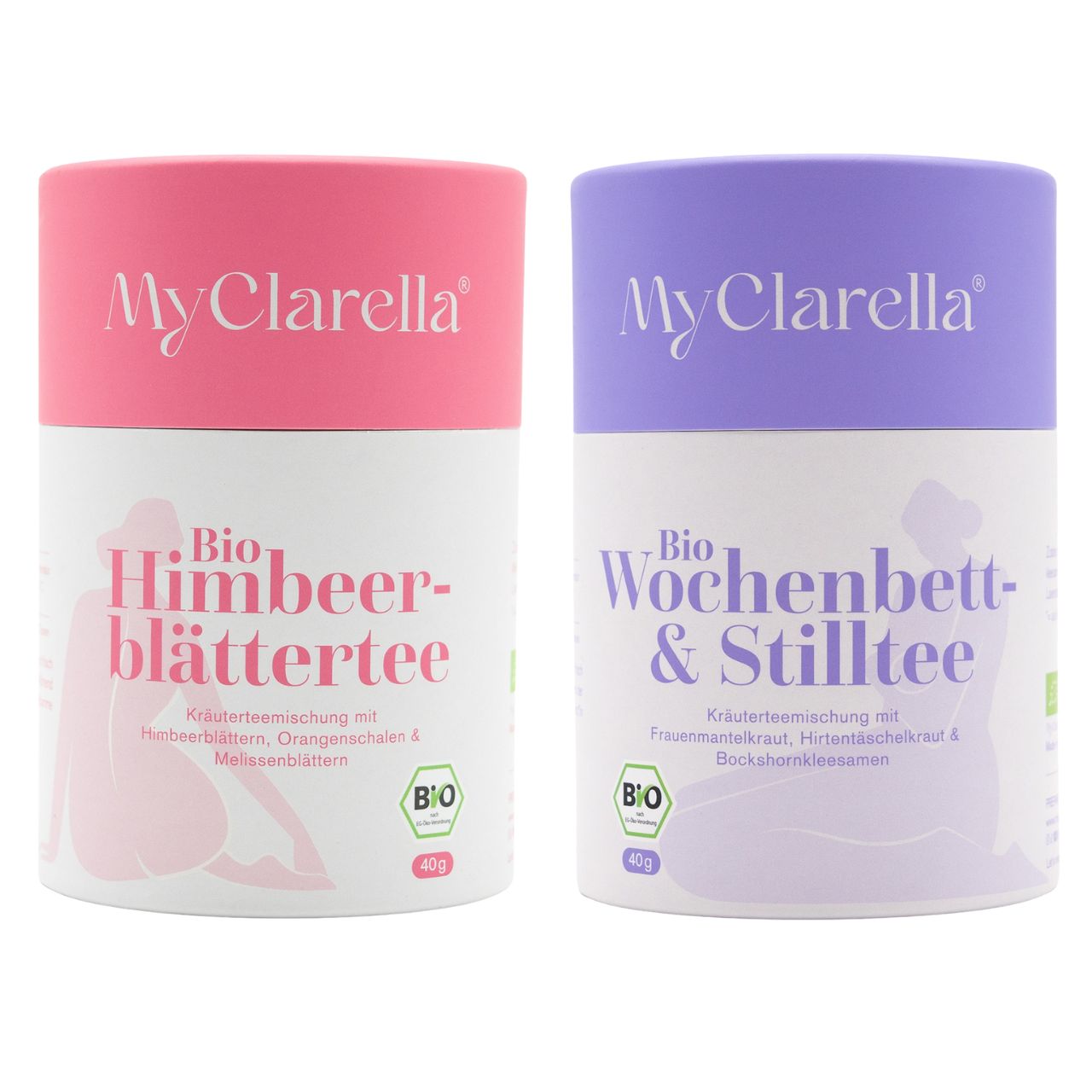 Zwei zylindrische Teedosen. Links: rosa Deckel, "Bio Himbeerblättertee". Rechts: lila Deckel, "Bio Wochenbett & Stilltee".