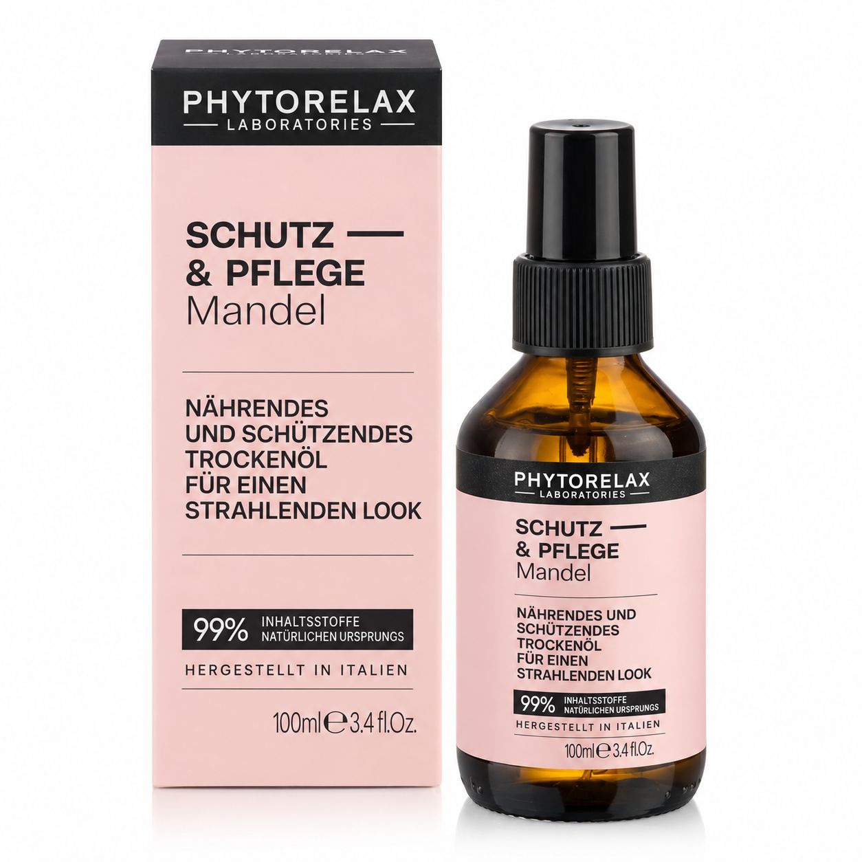 Verpackung und Sprühflasche mit Mandelöl für Schutz und Pflege von Phytorelax.