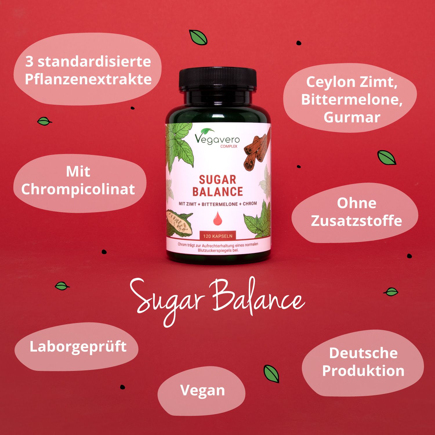 Grüne Flasche mit schwarzen Deckel. Aufschrift: Sugar Balance. Mit Zimt, Bittermelone und Chrom. Zusätzliche Informationen.