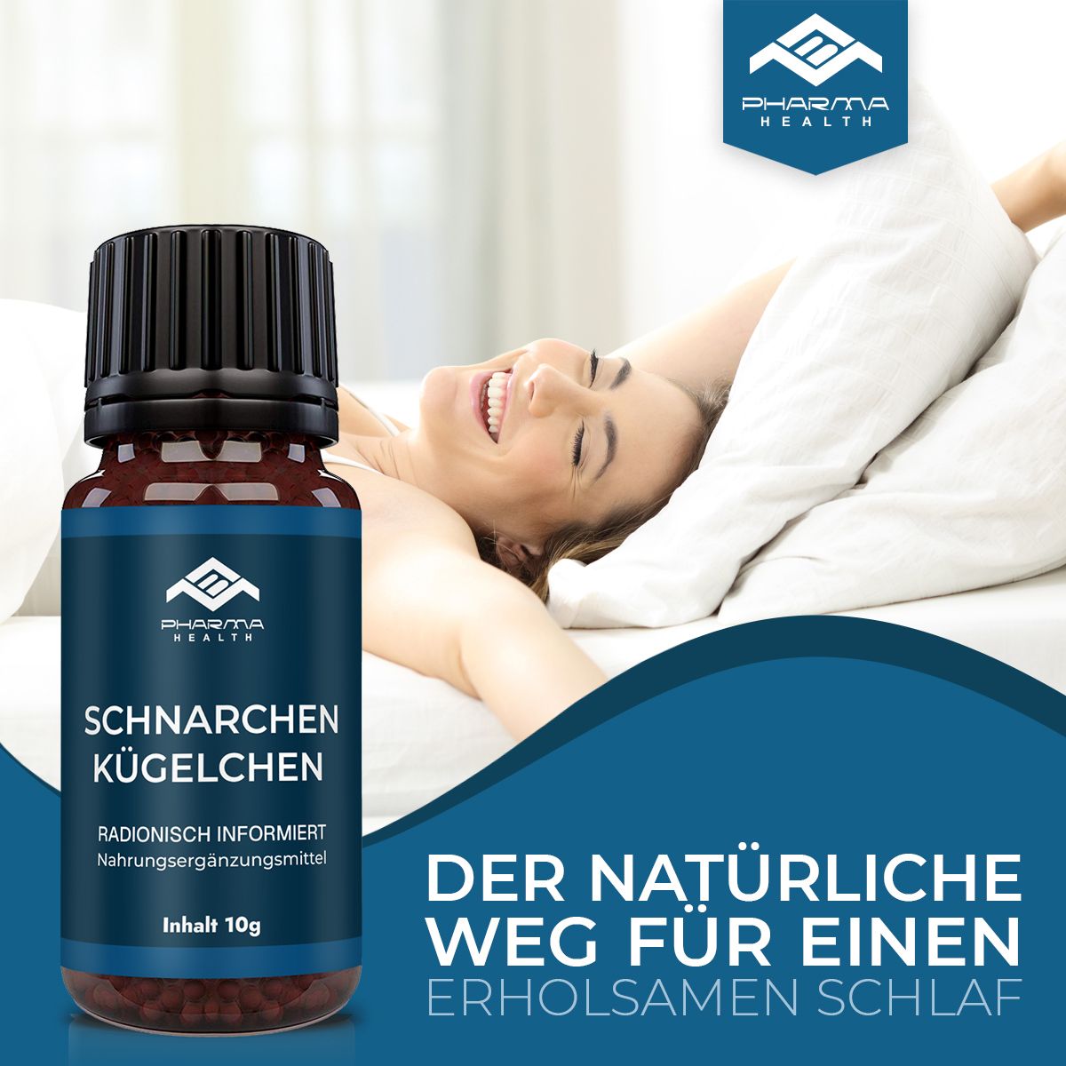 Produktflasche vor Person im Bett. Text: Der natürliche Weg für einen erholsamen Schlaf. Marke: Pharma Health.
