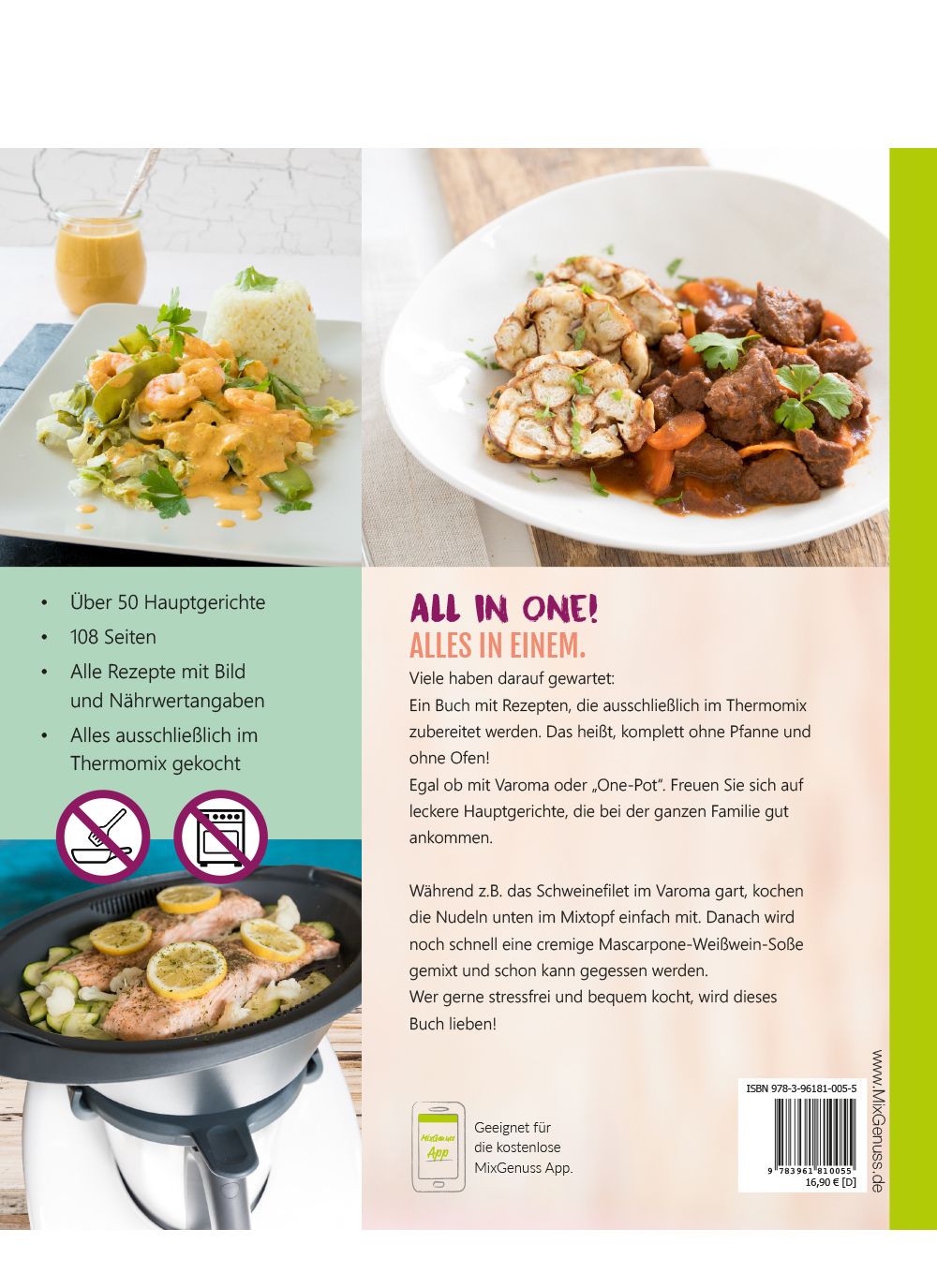 Buchrücken mit Rezepten für Thermomix. Titel: ALL IN ONE! Über 50 Hauptgerichte. 108 Seiten.
